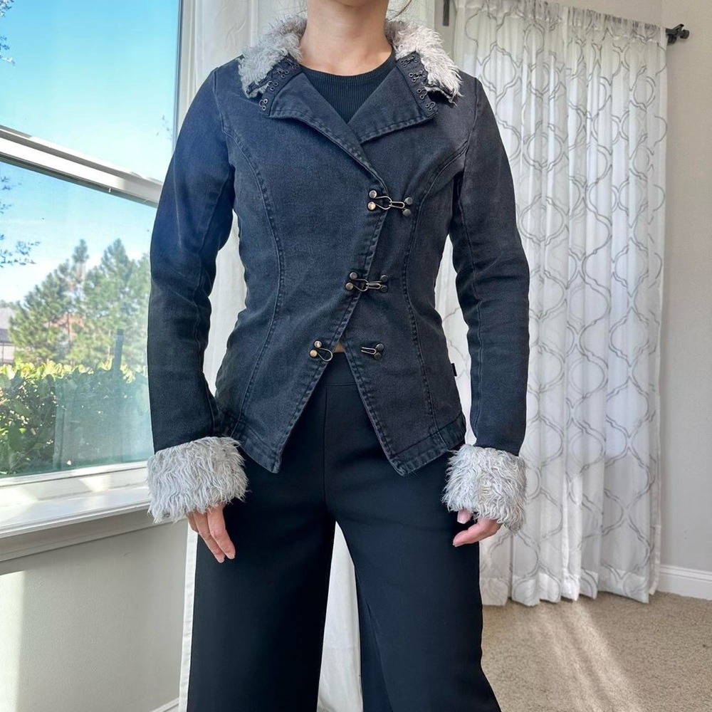 Tripp NYC Black Jacket with Gray Fur Trim